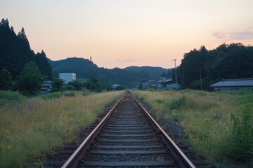 Fototapeta premium Rural Train Tracks at Sunset Overrolling Hills