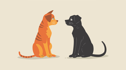 Cute Cartoon Cat and Dog Sitting Facing Each Other Vector Illustration