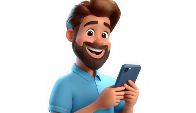 Cartoon happy smiling man holding smartphone in hands, with joyful and charming smile 3d rendering 
