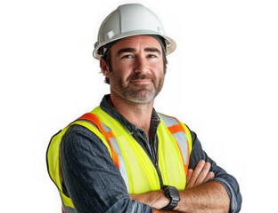 A man wearing a yellow vest and a hard hat is standing with his arms crossed. He is a construction worker or a worker in a hazardous environment