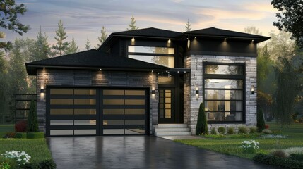Obraz premium A modern and elegant black craftsman-style home 
