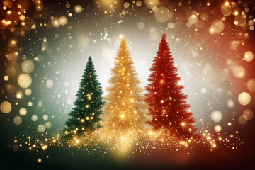 Obraz premium A cluster of A festive abstract of a golden stardust Christmas trees in vibrant red, green, and white style, sparkles amidst a in backdrop, magical array of bokeh lights on glitter background