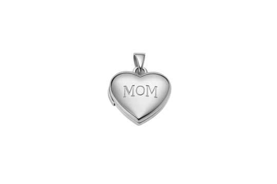 Mom-engraved heart locket on table, cut out - stock png. - Powered by Adobe