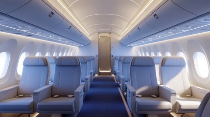 Fototapeta premium Quiet luxury in modern air travel cabin interior design with mood lighting serene atmosphere airplane environment