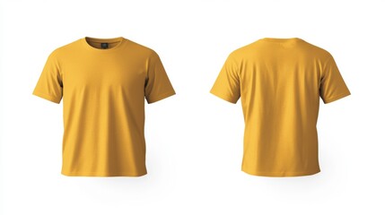 T-shirt mock-up. Empty yellow men's classic tee shirt front and back mockup template isolated on white background. Blank cotton red short sleeve shirt with round neck, jersey fabric. Clothing apparel