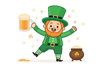 Cheerful leprechaun celebrating with a beer, cut out - stock png.