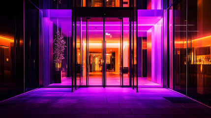 A luxurious hotel glowing with purple and silver lights framed by reflective glass panels.