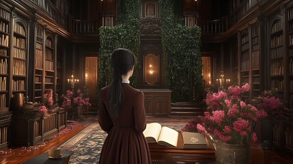 Naklejka premium Woman in Brown Dress Contemplates in Grand Library