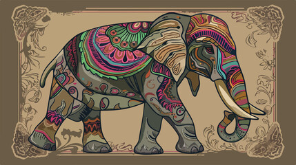 Fototapeta premium Whimsical Cartoon Decorated Elephant Drawing - Flat Vector Illustration