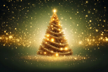 Festive abstract gold glitter particles Christmas tree with starlight, tinsel dust and xmas lights, swirling, twinkling stars and bokek light on green background, magical New Year wallpaper