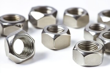 Screw isolated on transparent background. Stainless Steel nuts heap on a clean white backdrop. Shiny metal hex nut pile. Fasteners. Consumable hardware tools. Industrial screws for installation work.