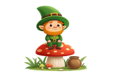 Little leprechaun sitting on a giant mushroom, cut out - stock png.