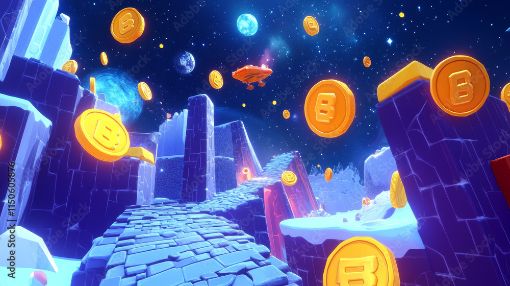 Poster space game level background with platforms and flying spaceship. vector cartoon illustration of cosm