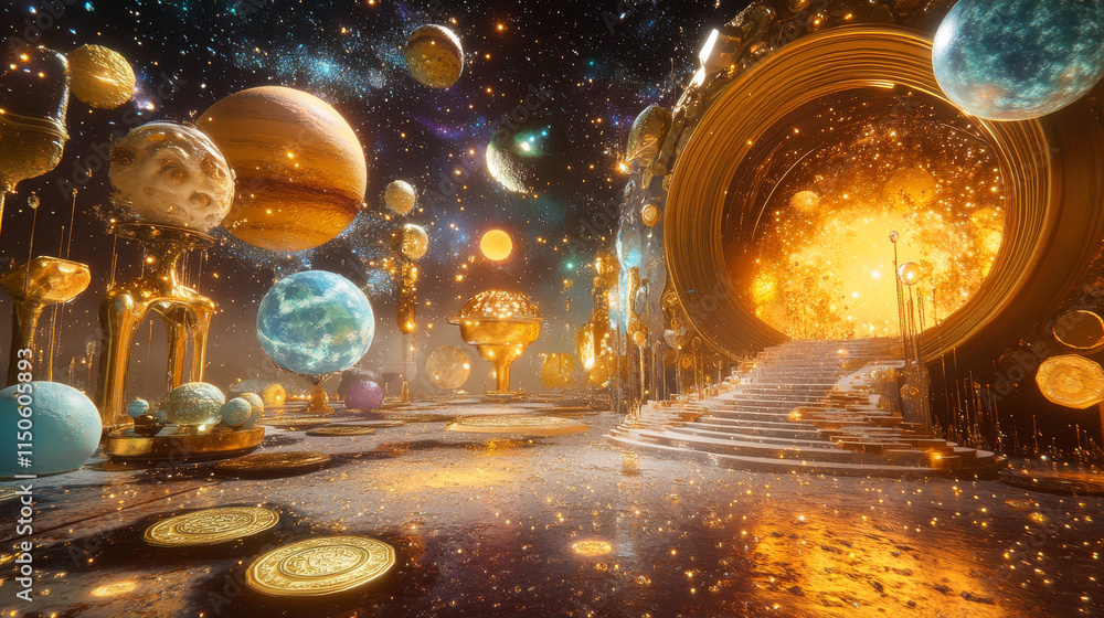 Poster space game level background with platforms and flying spaceship. vector cartoon illustration of cosm