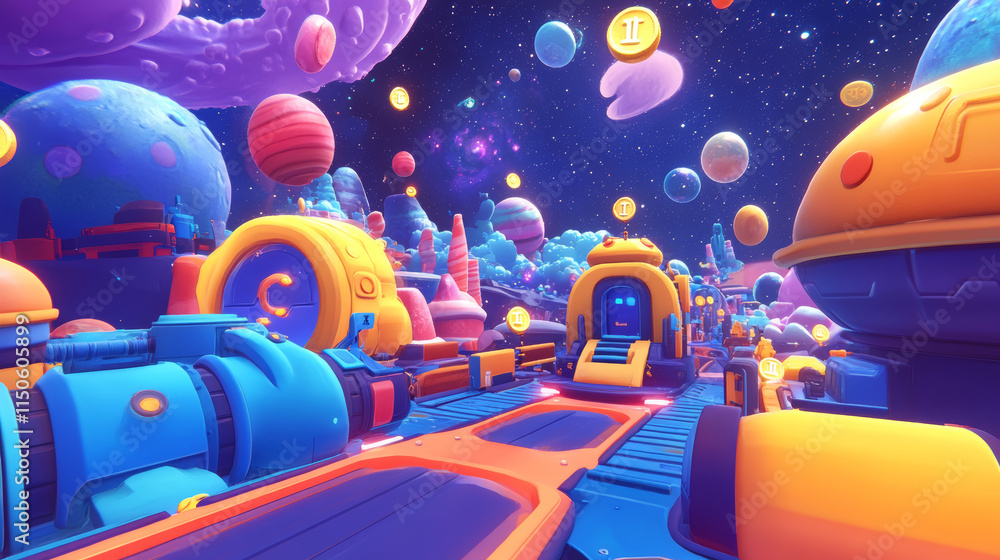 Poster space game level background with platforms and flying spaceship. vector cartoon illustration of cosm