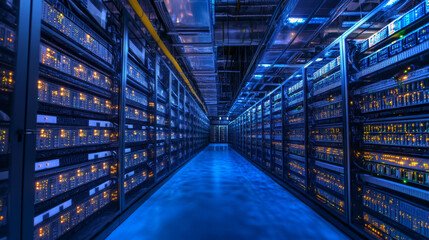 Fototapeta premium Modern data center room interior design. Vector cartoon illustration of office with server hardware, information security, crypto mining farm, computer hosting equipment. Communication technology