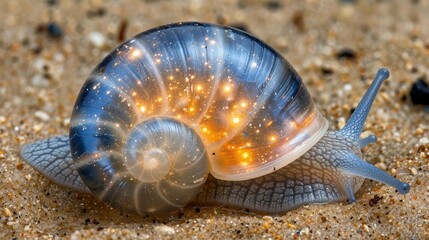 A mesmerizing snail featuring a translucent, glowing shell reflecting a tiny galaxy inside