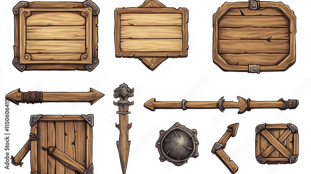 Poster wood pirate ui game frame and board button vector. wooden texture menu interface with arrow, panel a
