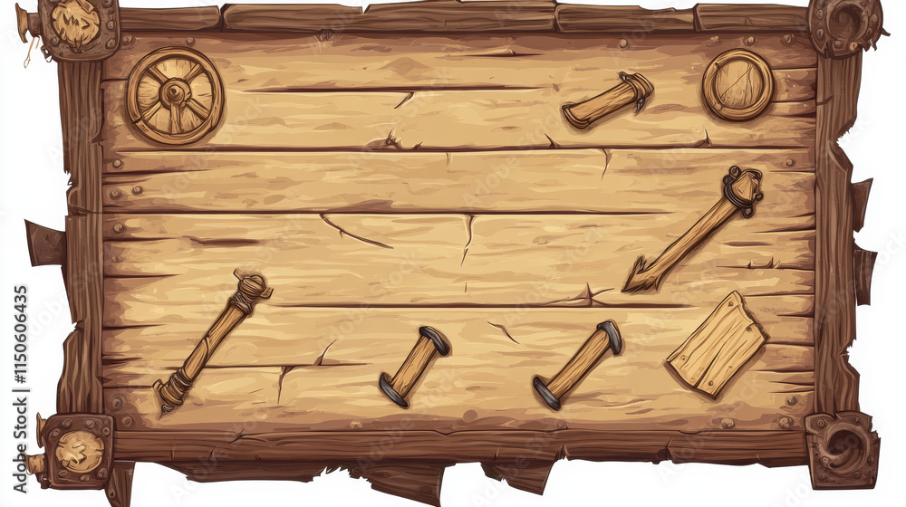 Poster wood pirate ui game frame and board button vector. wooden texture menu interface with arrow, panel a
