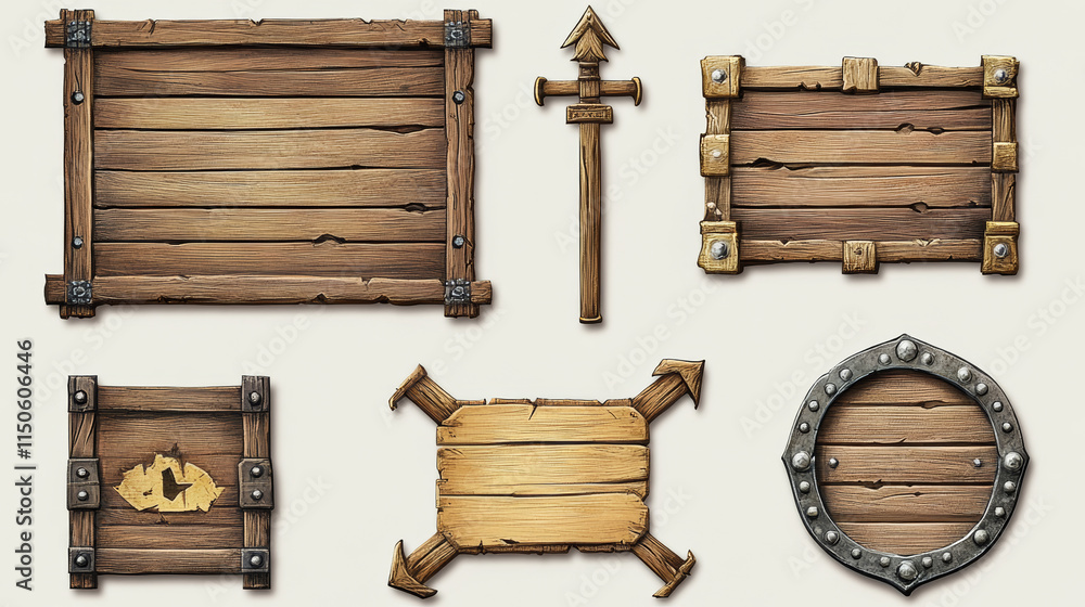 Poster wood pirate ui game frame and board button vector. wooden texture menu interface with arrow, panel a