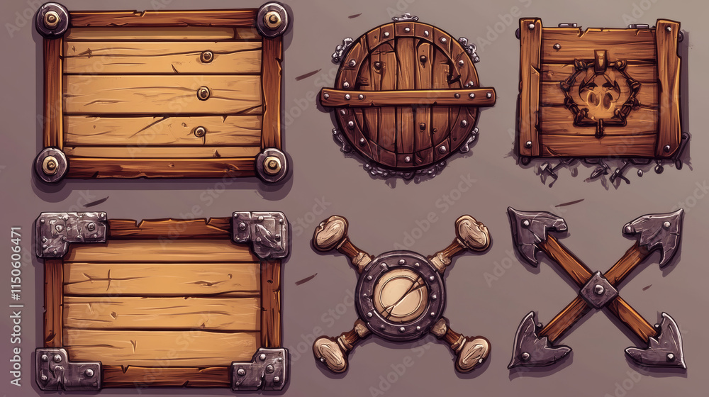 Poster wood pirate ui game frame and board button vector. wooden texture menu interface with arrow, panel a