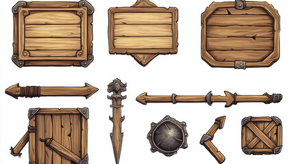 Naklejka premium Wood pirate ui game frame and board button vector. Wooden texture menu interface with arrow, panel and signboard 2d shape. Round metal web plank for medieval mobile app. Brown fantasy plate kit
