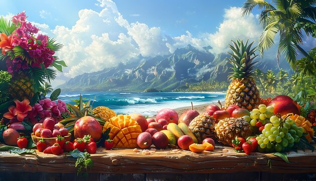 a vibrant and lush tropical paradise with a variety of colorful fruits displayed. Show an assortment of tropical fruits like pineapples, mangoes, papayas.