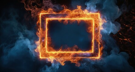 Fiery rectangular frame, blazing orange flames, cosmic background, blue nebula, energy trails, contrasting colors, dramatic lighting, 3D render, digital art, high resolution, cinematic, ethereal atmos