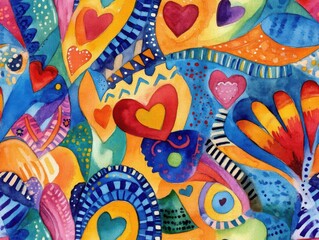 Valentine’s hearts embraced the boho and tribal style. Colorful abstract pattern with hearts and vibrant shapes.