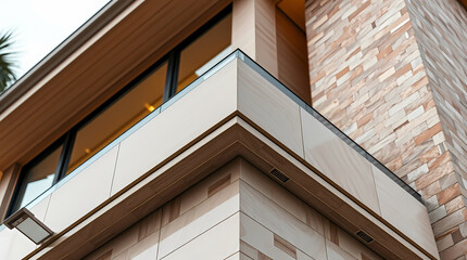 Fototapeta premium Close-up view of a building's exterior corner, showcasing beige stone cladding, a light beige balcony with a metal railing, and large windows with dark frames. Wooden eaves are visible above.