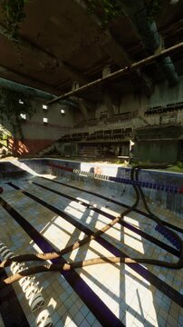 A weathered, empty swimming pool with no people in sight, symbolizing abandonment and neglect.