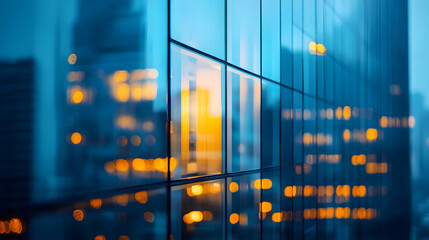 A minimalist glass building reflecting glowing city lights in a quiet urban setting.