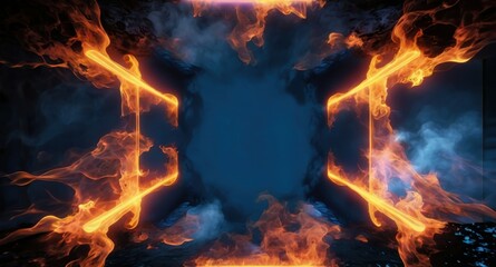 Obraz premium Fiery rectangular frame, blazing orange flames, cosmic background, blue nebula, energy trails, contrasting colors, dramatic lighting, 3D render, digital art, high resolution, cinematic, ethereal atmos