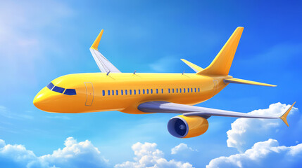 Obraz premium 3d yellow airplane flying on blue sky landscape background with cloud, vector illustration, Realistic banner with blank passenger jet flight, bottom view, aviation concept or vacation trip ads mockup