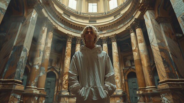 Full body portrait of a 21-year-old blond athletic man, dark background with elements of ancient architecture, minimalism, photorealistic rendering