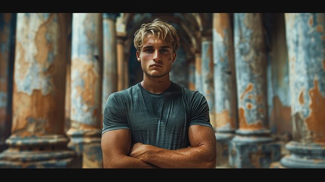 Full body portrait of a 21-year-old blond athletic man, dark background with elements of ancient architecture, minimalism, photorealistic rendering