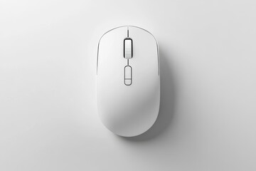 White wireless computer mouse cutout on a light background. Top view. Simple, compact, portable mouse with copy space. Modern design and technology. Slim optical mobile Mouse for laptop, PC, tablet.