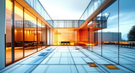 Obraz premium modern glass building exterior, sunset glow, reflective surfaces, minimalist architecture, open courtyard, geometric shapes, warm lighting, contemporary design, clean lines, large windows, empty space