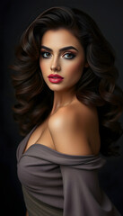 Fototapeta premium Beautiful brunette model with volume curls, classic makeup and sexy lips. The beauty of the face. Portrait shot in the studio, dreamy atmosphere, with white tones