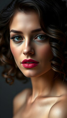 Fototapeta premium Beautiful brunette model with volume curls, classic makeup and sexy lips. The beauty of the face. Portrait shot in the studio, mindfulness theme, with white tones