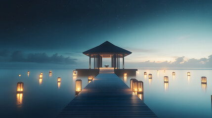 A minimalist pavilion surrounded by glowing pathways and soft lanterns under the night sky.