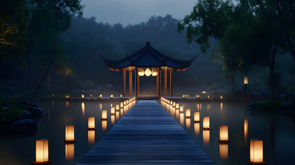 A minimalist pavilion surrounded by glowing pathways and soft lanterns under the night sky.