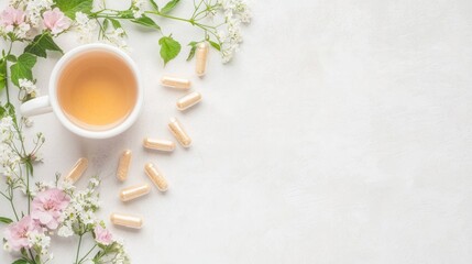 Serene Wellness: Magnesium Glycinate Capsules, Fresh Flowers, and Herbal Teas Composition for Relaxation