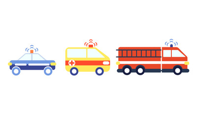 Simple vector set of emergency vehicles, including a police car, an ambulance, and a fire engine