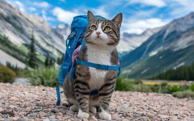 Obraz premium Tabby cat with backpack in mountains.
