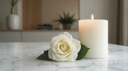Obraz premium White candle and single rose on marble table