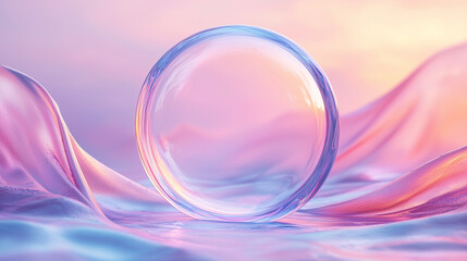 One rounded soap bubble on wavy background, illuminated with gradient colors, pink, blue, purple. Minimal concept of a mockup for product or object presentation or advertising, print or copy space