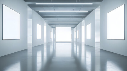 A minimalistic art gallery glowing with soft white lights framed by reflective glass panels.