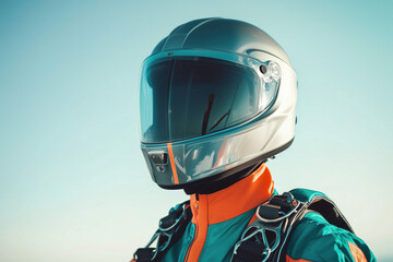 front view, skydiving suit, jumpsuit with one-piece helmet.