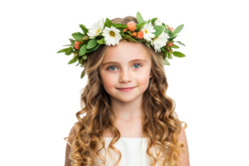 Young girl wearing a floral crown with a smile, cut out - stock png.